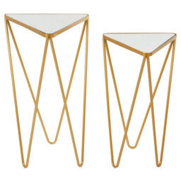 Orsina Set Of 2 Gold Triangle Side Tables With Mirrored Tops,gold Nesting Tables,glass End Tables,bedside Tables - thumbnail 2