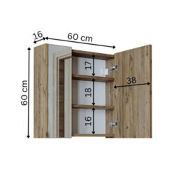 Roomart Atlantic Mirrored Bathroom Cabinet Wall Mounted Oak Finish 60Cm With Double Doors - thumbnail 5