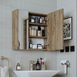 Roomart Atlantic Mirrored Bathroom Cabinet Wall Mounted Oak Finish 60Cm With Double Doors