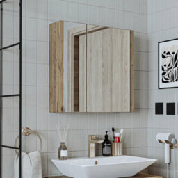 Roomart Atlantic Mirrored Bathroom Cabinet Wall Mounted Oak Finish 60Cm With Double Doors - thumbnail 2