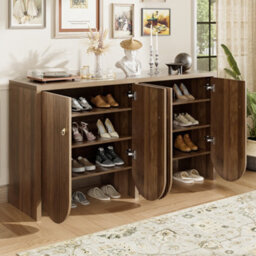 Abrihome Walnut Look Sideboard With 4 Doors & Adjustable Shelves-147X40X80 Cm Storage Cabinet With Aluminum Handles For Living Room - thumbnail 1