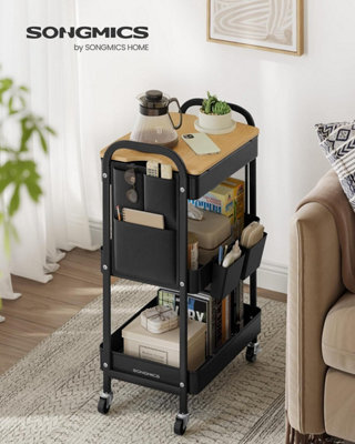 LEDREM 3-Tier Storage Trolley, Rolling Cart With Table Top, 2 Removable Hanging Cups, 6 Side Pockets, Utility Cart For Living Room - image 1