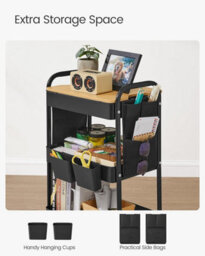 LEDREM 3-Tier Storage Trolley, Rolling Cart With Table Top, 2 Removable Hanging Cups, 6 Side Pockets, Utility Cart For Living Room - thumbnail 4
