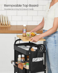 LEDREM 3-Tier Storage Trolley, Rolling Cart With Table Top, 2 Removable Hanging Cups, 6 Side Pockets, Utility Cart For Living Room - thumbnail 3
