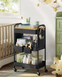 LEDREM 3-Tier Storage Trolley, Rolling Cart With Table Top, 2 Removable Hanging Cups, 6 Side Pockets, Utility Cart For Living Room - thumbnail 5