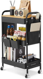 LEDREM 3-Tier Storage Trolley, Rolling Cart With Table Top, 2 Removable Hanging Cups, 6 Side Pockets, Utility Cart For Living Room - thumbnail 2