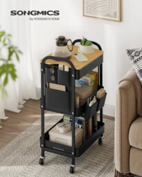 LEDREM 3-Tier Storage Trolley, Rolling Cart With Table Top, 2 Removable Hanging Cups, 6 Side Pockets, Utility Cart For Living Room - thumbnail 1