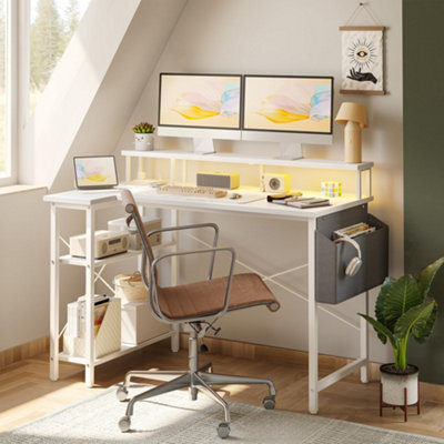 Bexevue White L-Shaped Gaming Desk With Power Outlets And Monitor Stand, 120Cm Reversible Corner Computer Table With Shelves - image 1