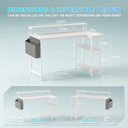 Bexevue White L-Shaped Gaming Desk With Power Outlets And Monitor Stand, 120Cm Reversible Corner Computer Table With Shelves - thumbnail 5