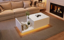 Btm Lift Up Coffee Table 100X50X33Cm, Hidden Storage With Led, High Gloss Centre Table, White, Mdf Glass - thumbnail 8