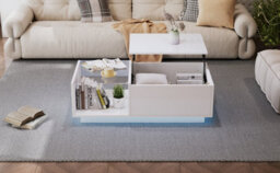 Btm Lift Up Coffee Table 100X50X33Cm, Hidden Storage With Led, High Gloss Centre Table, White, Mdf Glass - thumbnail 9