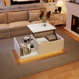 Btm Lift Up Coffee Table 100X50X33Cm, Hidden Storage With Led, High Gloss Centre Table, White, Mdf Glass - thumbnail 2