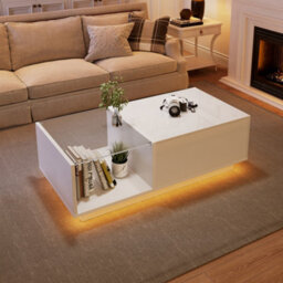 Btm Lift Up Coffee Table 100X50X33Cm, Hidden Storage With Led, High Gloss Centre Table, White, Mdf Glass - thumbnail 3