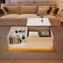 Btm Lift Up Coffee Table 100X50X33Cm, Hidden Storage With Led, High Gloss Centre Table, White, Mdf Glass - thumbnail 1