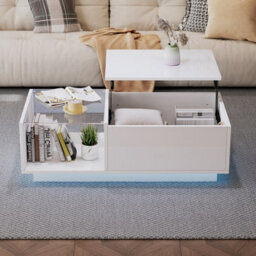 Btm Lift Up Coffee Table 100X50X33Cm, Hidden Storage With Led, High Gloss Centre Table, White, Mdf Glass - thumbnail 6