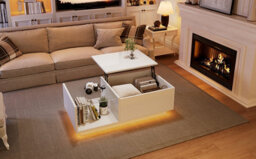 Btm Lift Up Coffee Table 100X50X33Cm, Hidden Storage With Led, High Gloss Centre Table, White, Mdf Glass - thumbnail 7