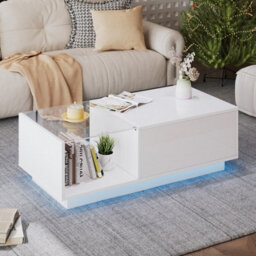 Btm Lift Up Coffee Table 100X50X33Cm, Hidden Storage With Led, High Gloss Centre Table, White, Mdf Glass - thumbnail 4
