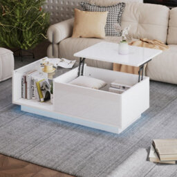 Btm Lift Up Coffee Table 100X50X33Cm, Hidden Storage With Led, High Gloss Centre Table, White, Mdf Glass - thumbnail 5