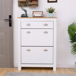 Wooden Shoe Cabinet 2 Tier Pull Down Shoe Organiser Unit Free Standing Shoe Storage Cabinet For Living Room, Hallway - thumbnail 1