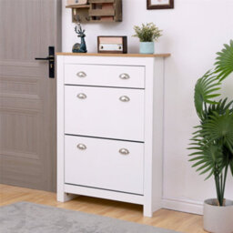 Wooden Shoe Cabinet 2 Tier Pull Down Shoe Organiser Unit Free Standing Shoe Storage Cabinet For Living Room, Hallway - thumbnail 2