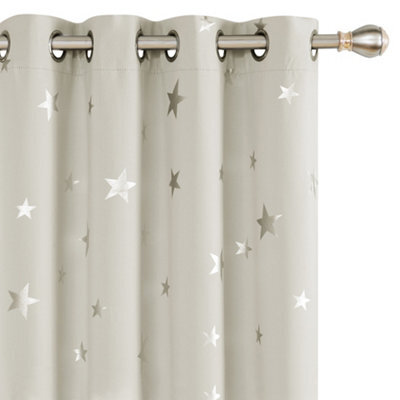 Deconovo Thermal Insulated Silver Star Foil Printed Super Soft Blackout Eyelet Curtains, W52 X L72 Inch, Light Beige, 2 Panels - image 1