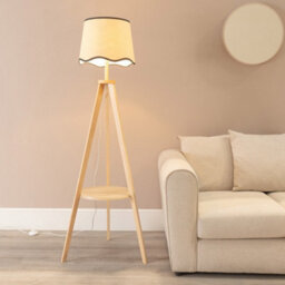 Valuelights Morrigan Natural Wood Shelf Tripod Floor Lamp With Black Trim Scallop Shade - thumbnail 2