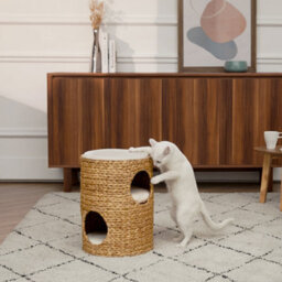 Teamson Pets Indoor 3-Tier Wicker Scratch Tower Tree & Cat Bed Condo House With Three Removable Washable Cushions, Tan/cream