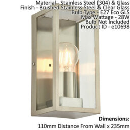 Outdoor Wall Light Ip44 Brushed Stainless Steel & Clear Glass 28W E27 Gls - thumbnail 2