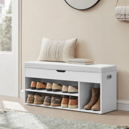 Songmics Shoe Storage Bench, Padded Seat, 3 Compartments, Concealed Storage, Living Room Lounge Hallway Bedroom, White - thumbnail 1