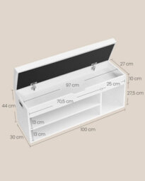 Songmics Shoe Storage Bench, Padded Seat, 3 Compartments, Concealed Storage, Living Room Lounge Hallway Bedroom, White - thumbnail 2