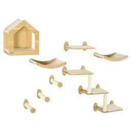 Pawhut Cat Wall Furniture Condo Perches Scratch Posts Steps 8 Piece Beige - thumbnail 2