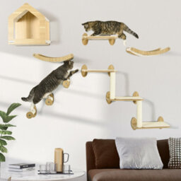Pawhut Cat Wall Furniture Condo Perches Scratch Posts Steps 8 Piece Beige - thumbnail 1