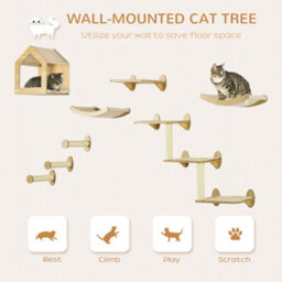Pawhut Cat Wall Furniture Condo Perches Scratch Posts Steps 8 Piece Beige - thumbnail 4