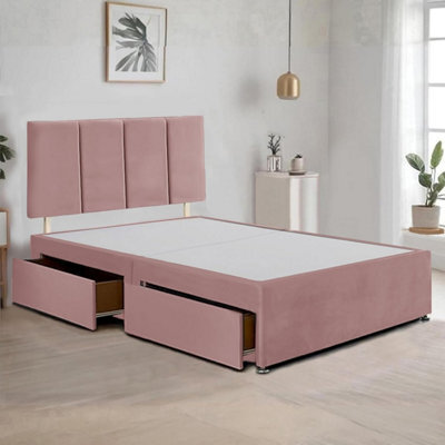 Pink Plush Fabric 6Ft Super King Bed Frame With 20 Inch Vertical Line Headboard And 2 Drawers - image 1