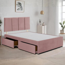 Pink Plush Fabric 6Ft Super King Bed Frame With 20 Inch Vertical Line Headboard And 2 Drawers - thumbnail 1