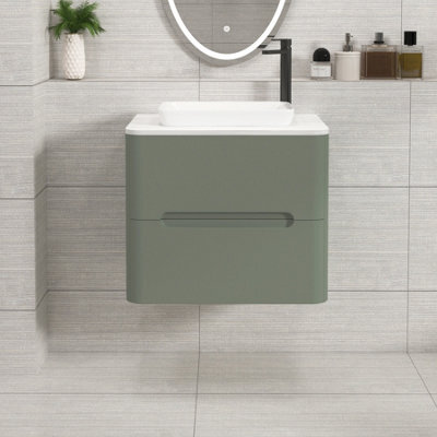 Royal Bathrooms Venice 600mm Sage Green Wall Mounted Bathroom Countertop Vanity Unit 2 Drawer With Qubix Basin - image 1