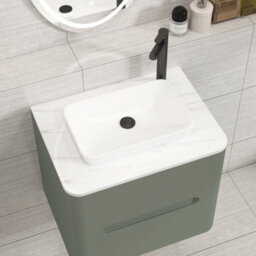 Royal Bathrooms Venice 600mm Sage Green Wall Mounted Bathroom Countertop Vanity Unit 2 Drawer With Qubix Basin - thumbnail 6