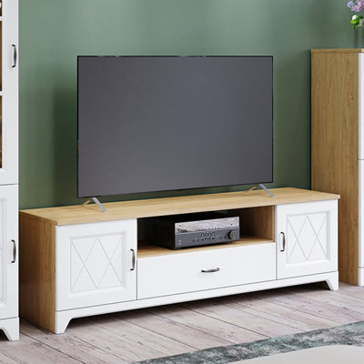 Heze Furniture Provenza 2 Door 1 Drawer Tv Unit With Storage Rustic Style - Stone Oak / White Matt - image 1