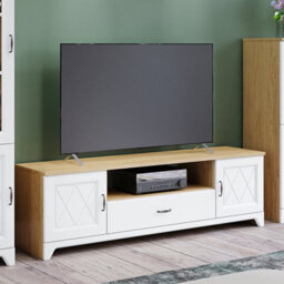 Heze Furniture Provenza 2 Door 1 Drawer Tv Unit With Storage Rustic Style - Stone Oak / White Matt