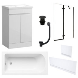 FNX Bathrooms Waterproof 600mm Vanity Unit With Single Ended Bath, Gloss White Panels, Matt Black Screen, Bath & Slotted Basin Waste