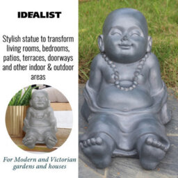 Idealist™ Buddha Statue 10.2 Inch Tall, Grey Reinforced Stone Relaxing Baby Monk Figurine For Home And Garden L31 W22.5 H26 Cm - thumbnail 3