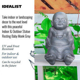 Idealist™ Buddha Statue 10.2 Inch Tall, Grey Reinforced Stone Relaxing Baby Monk Figurine For Home And Garden L31 W22.5 H26 Cm - thumbnail 2
