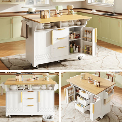 Btm Kitchen Island With Extendable Dining Table Rolling Sideboard Vertical Groove Storage Cabinets Large Drawer Fold Out Top - image 1