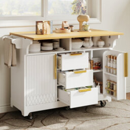 Btm Kitchen Island With Extendable Dining Table Rolling Sideboard Vertical Groove Storage Cabinets Large Drawer Fold Out Top - thumbnail 9