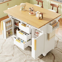Btm Kitchen Island With Extendable Dining Table Rolling Sideboard Vertical Groove Storage Cabinets Large Drawer Fold Out Top - thumbnail 8