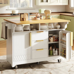 Btm Kitchen Island With Extendable Dining Table Rolling Sideboard Vertical Groove Storage Cabinets Large Drawer Fold Out Top - thumbnail 5