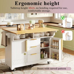 Btm Kitchen Island With Extendable Dining Table Rolling Sideboard Vertical Groove Storage Cabinets Large Drawer Fold Out Top - thumbnail 4