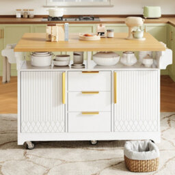 Btm Kitchen Island With Extendable Dining Table Rolling Sideboard Vertical Groove Storage Cabinets Large Drawer Fold Out Top - thumbnail 6