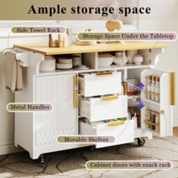 Btm Kitchen Island With Extendable Dining Table Rolling Sideboard Vertical Groove Storage Cabinets Large Drawer Fold Out Top - thumbnail 3