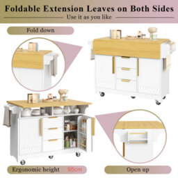 Btm Kitchen Island With Extendable Dining Table Rolling Sideboard Vertical Groove Storage Cabinets Large Drawer Fold Out Top - thumbnail 2